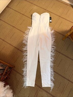 BCBGMaxAzria White Strapless Feather-Trim Jumpsuit XS